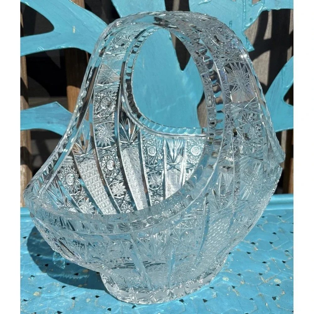 RARE SKLARNY BOHEMIA N.P. QUEEN LACE HAND CUT LEAD CRYSTAL BASKET 13
